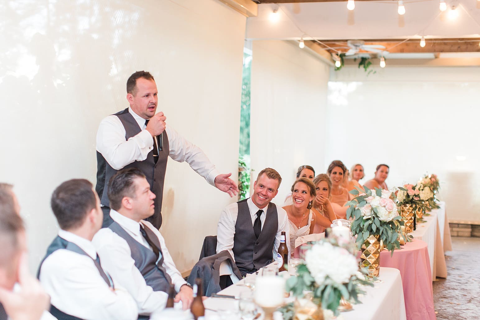 Arielle Peters Photography | Best man giving speech at wedding reception on wedding day at The Pavilion at Sandy Pines in Demotte, Indiana.