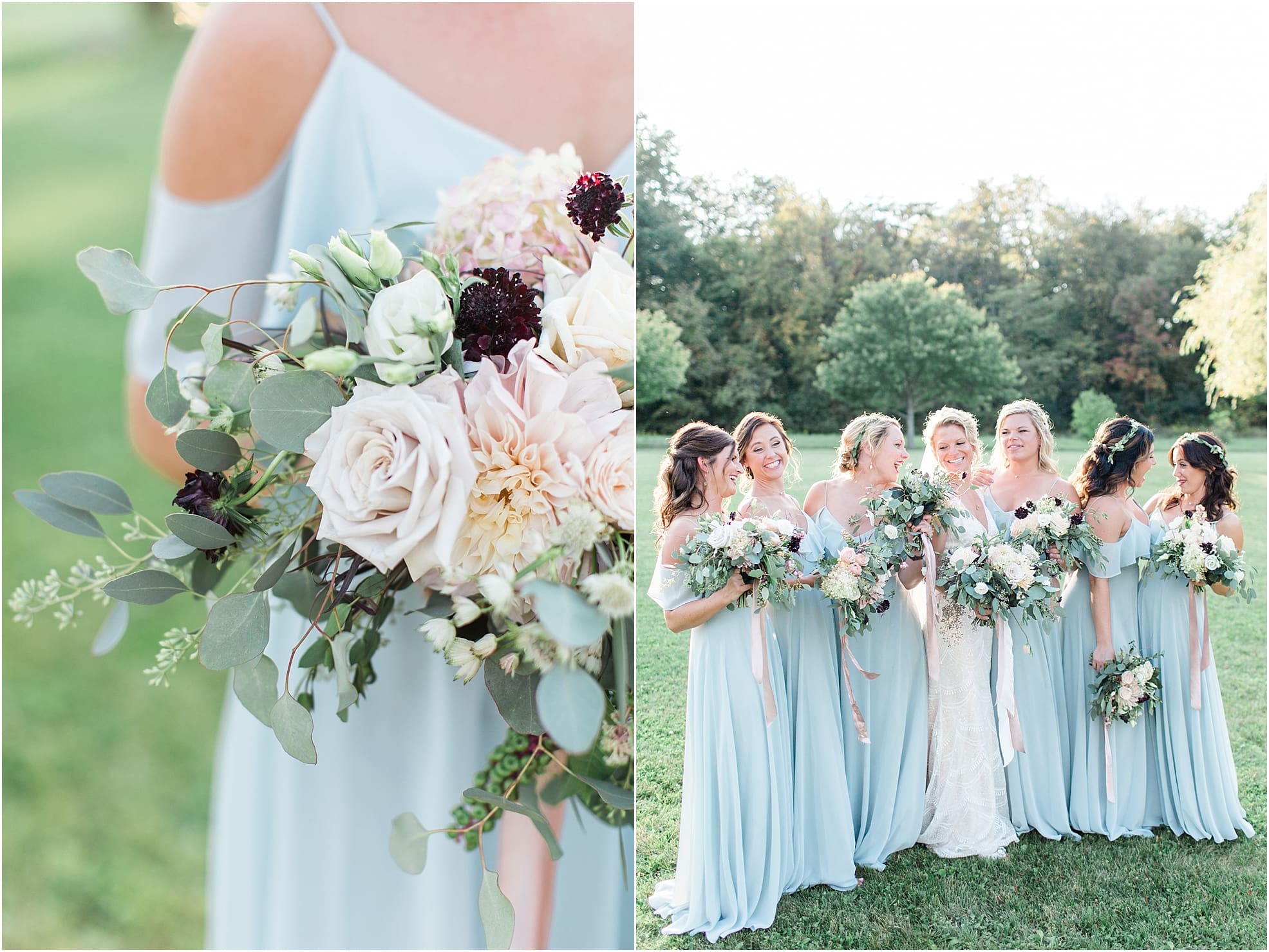 Arielle Peters Photography | Bride and bridesmaids in open field next to pond on wedding day at Joseph Decuis Farm in Roanoke, Indiana.