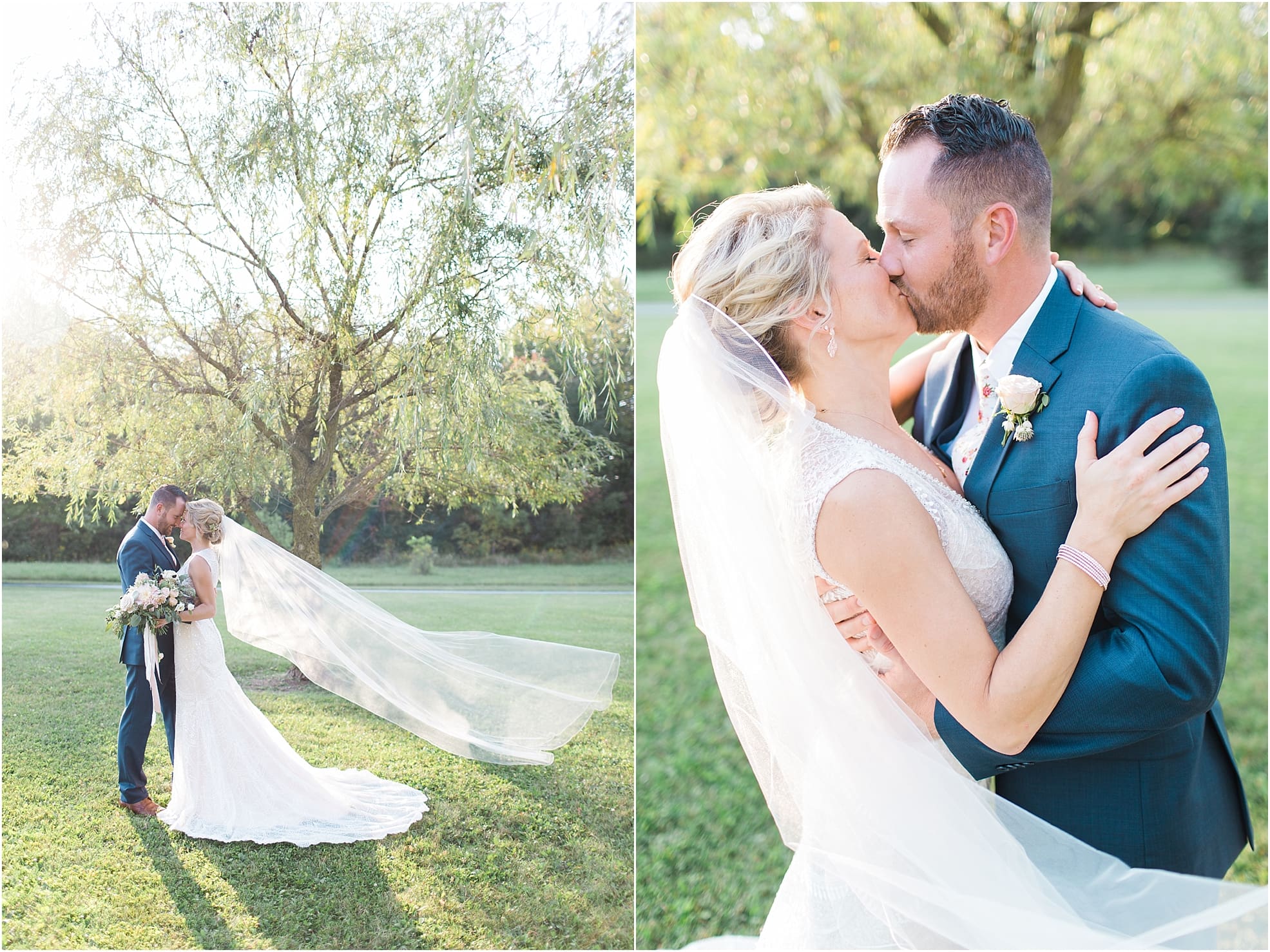 Arielle Peters Photography | Bride and groom kissing in open field next to pond on wedding day at Joseph Decuis Farm in Roanoke, Indiana.