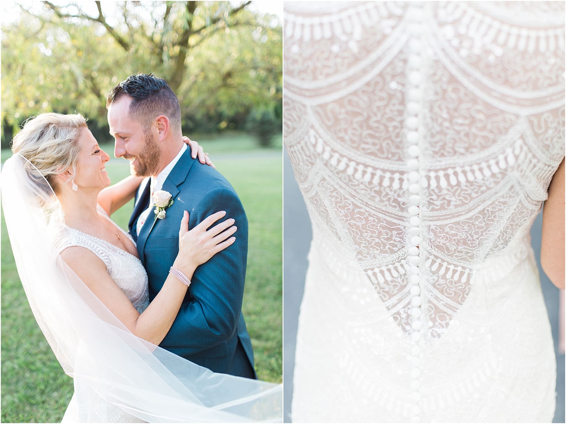 Arielle Peters Photography | Bride and groom in open field next to pond on wedding day at Joseph Decuis Farm in Roanoke, Indiana.