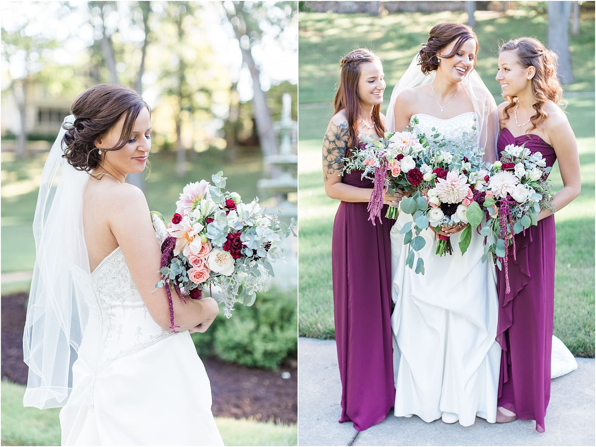 Arielle Peters Photography | Bride and bridesmaids holding bouquets in park on fall wedding day in Winona Lake, Indiana.