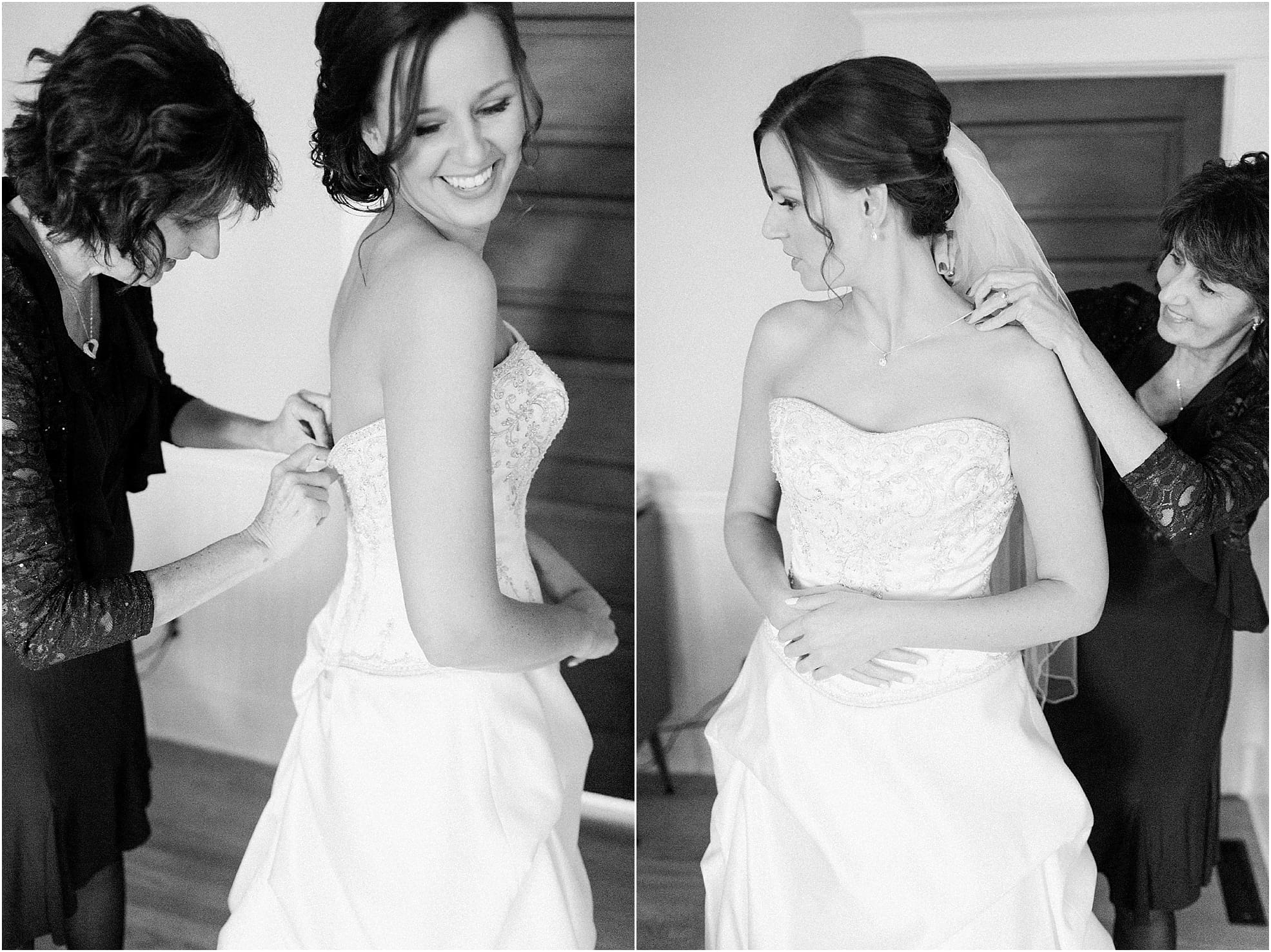 Arielle Peters Photography | Mother of bride helping bride get ready on fall wedding day in Winona Lake, Indiana.