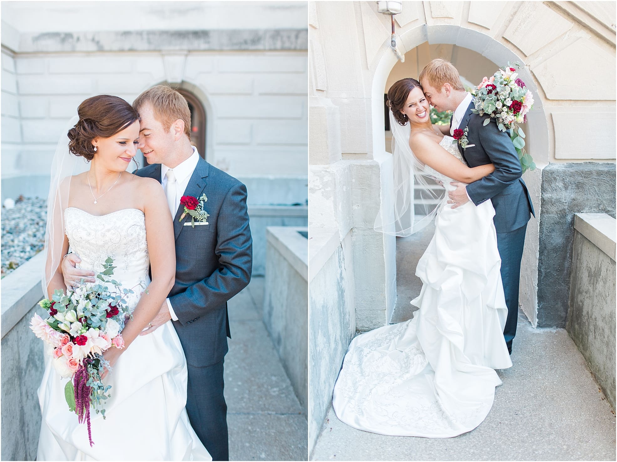 Arielle Peters Photography | Bride and groom almost kissing outside limestone church on fall wedding day in Winona Lake, Indiana.