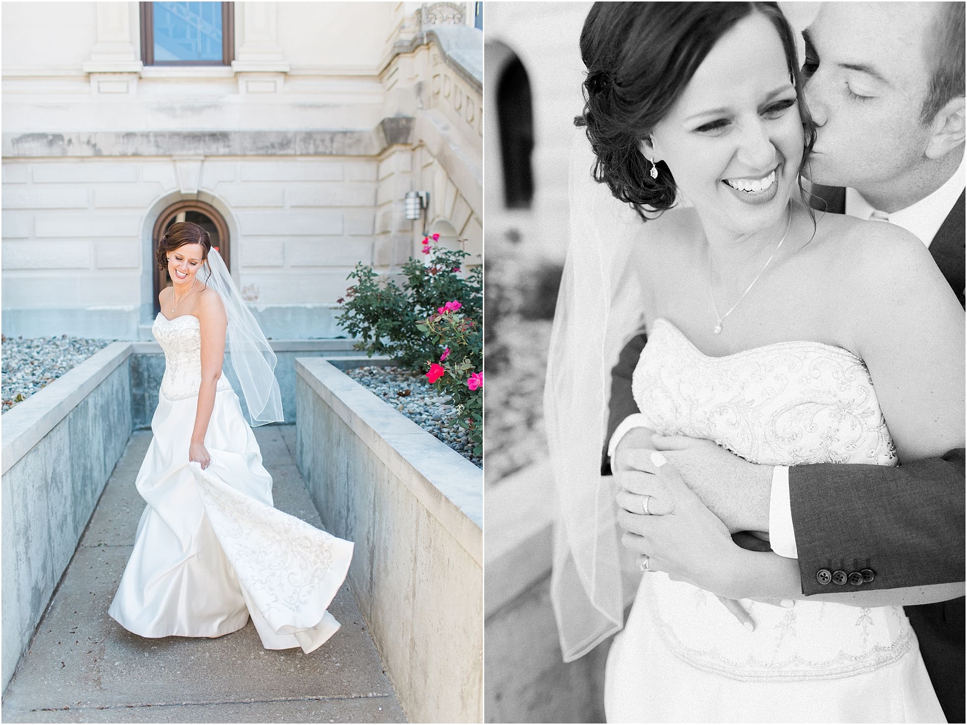 Arielle Peters Photography | Bride and groom kissing outside limestone church on fall wedding day in Winona Lake, Indiana.