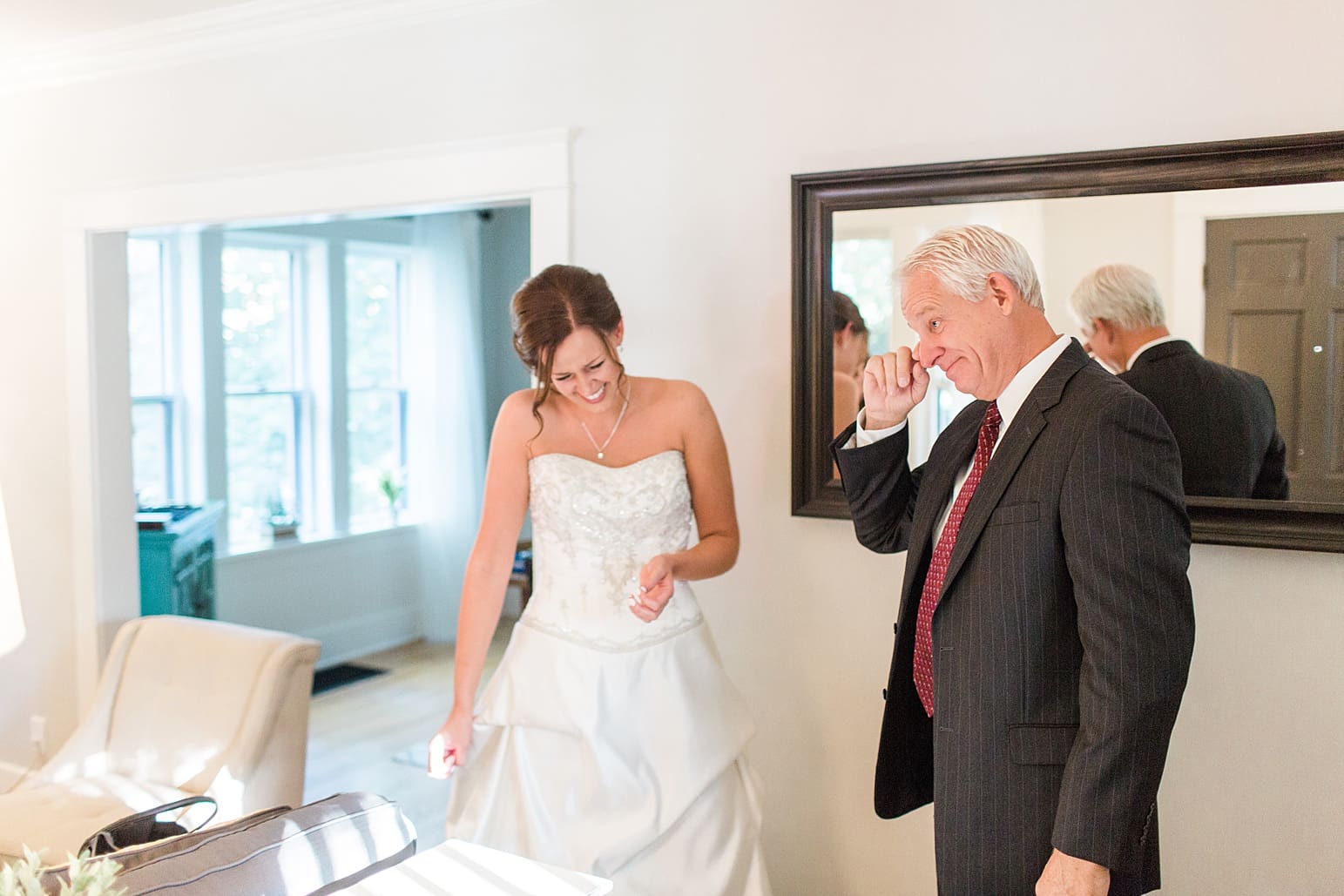 Arielle Peters Photography | Father of bride and bride having first reveal on fall wedding day in Winona Lake, Indiana.