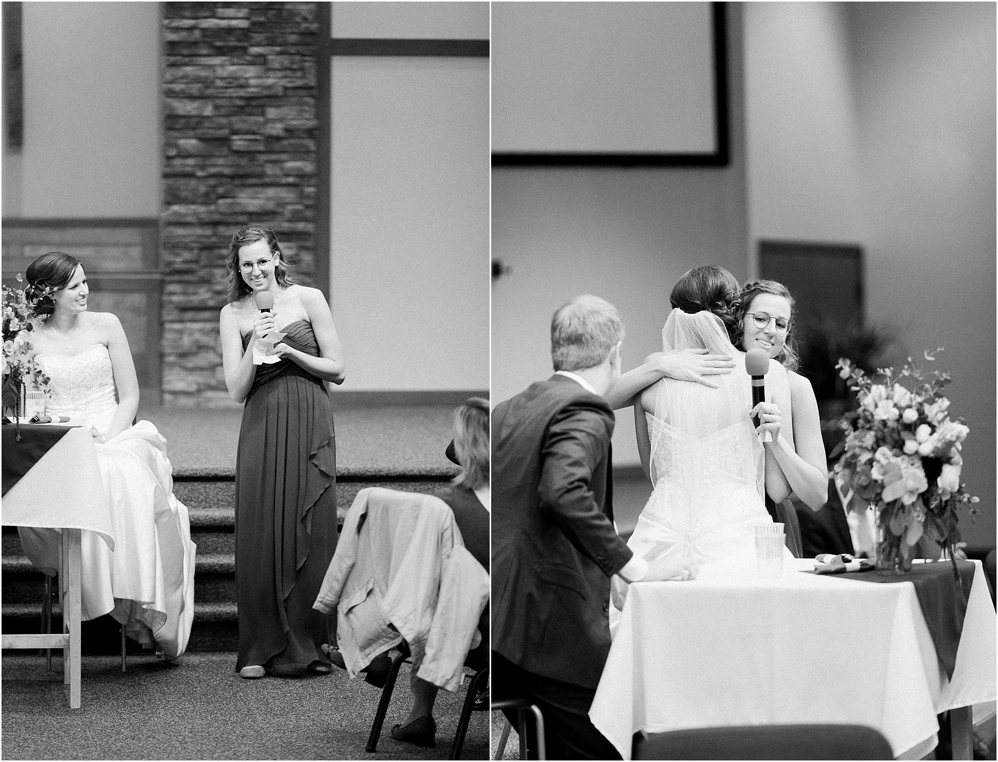 Arielle Peters Photography | Maid of honor giving speech at wedding reception on fall wedding day in Winona Lake, Indiana.