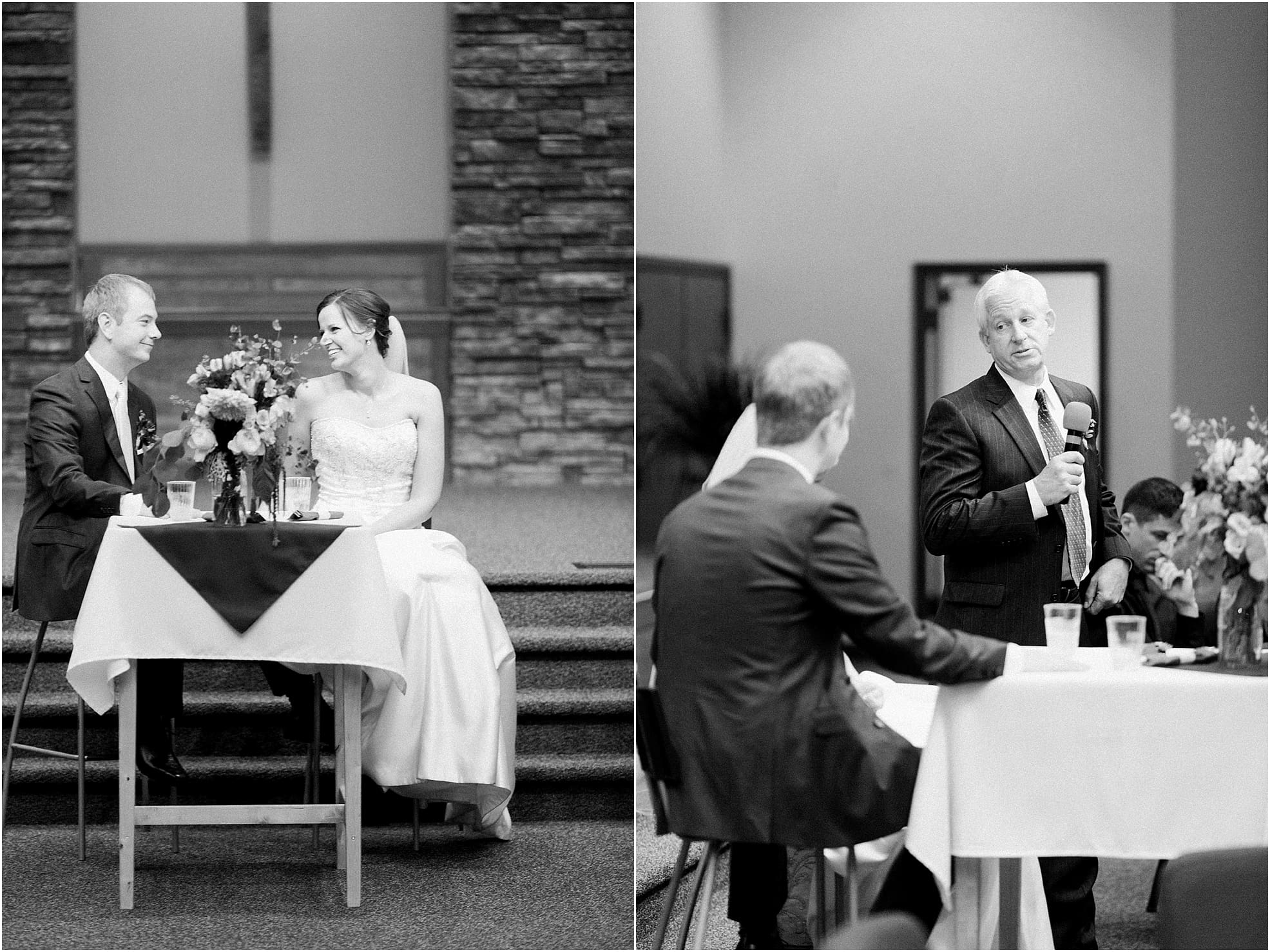 Arielle Peters Photography | Father of bride giving speech at wedding reception on fall wedding day in Winona Lake, Indiana.