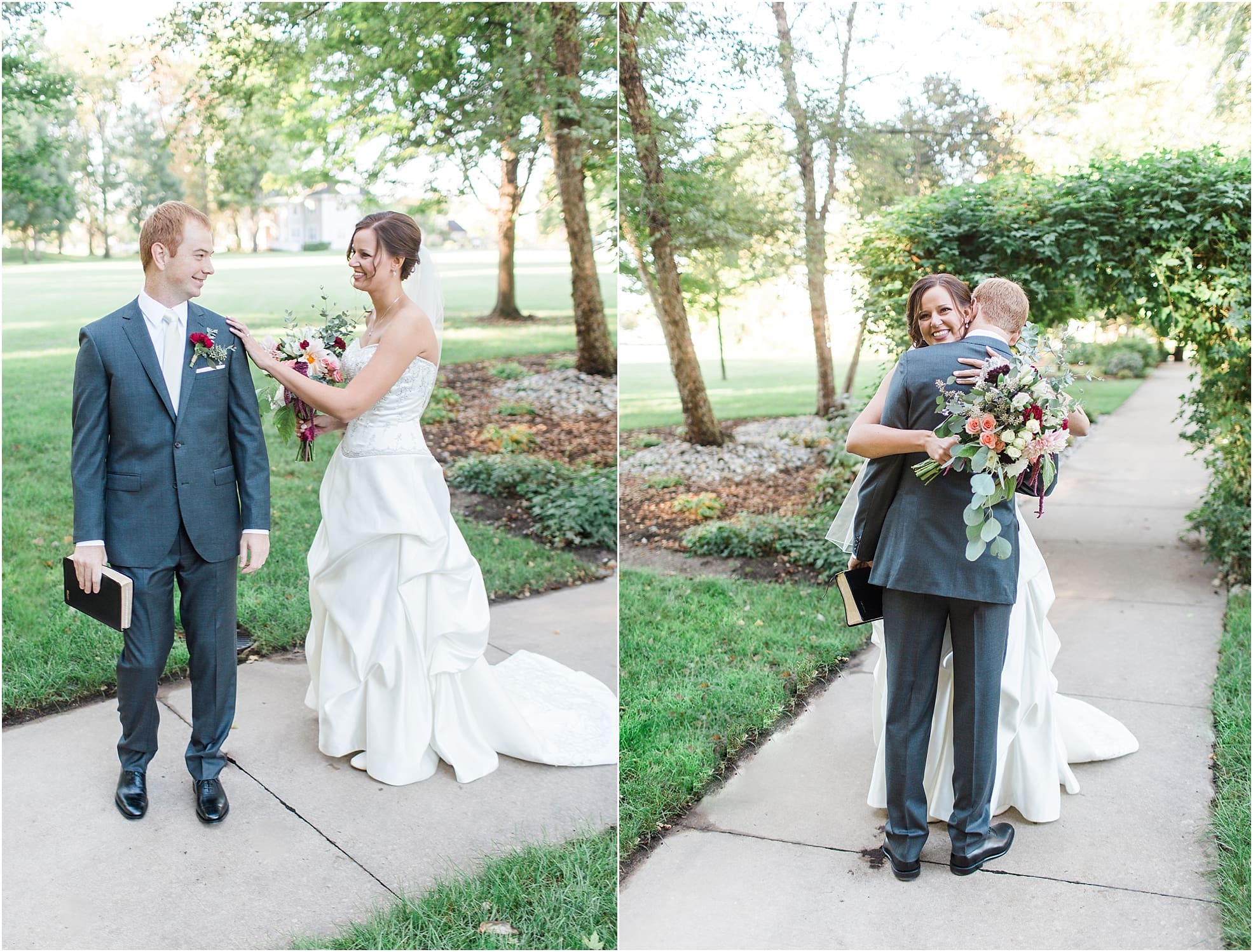 Arielle Peters Photography | Bride and groom having first reveal on fall wedding day in Winona Lake, Indiana.