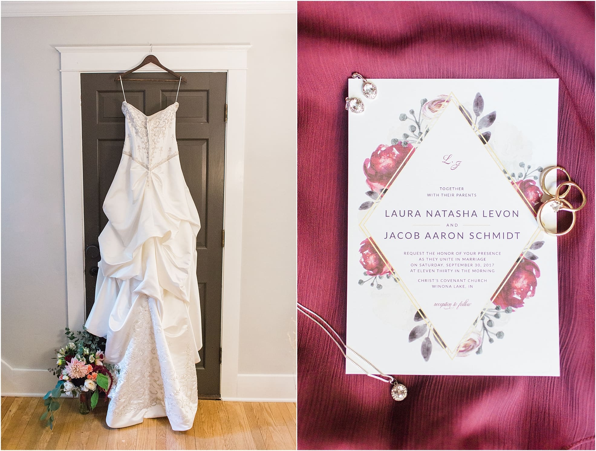 Arielle Peters Photography | Wedding dress hanging in doorway on wedding day in Winona Lake, Indiana.