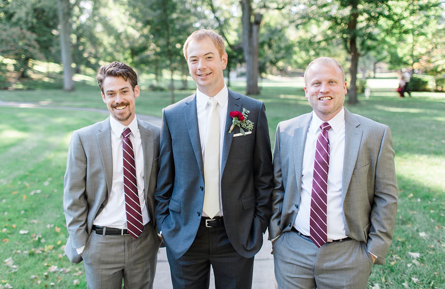 Arielle Peters Photography | Groom and groomsmen in park on fall wedding day in Winona Lake, Indiana.