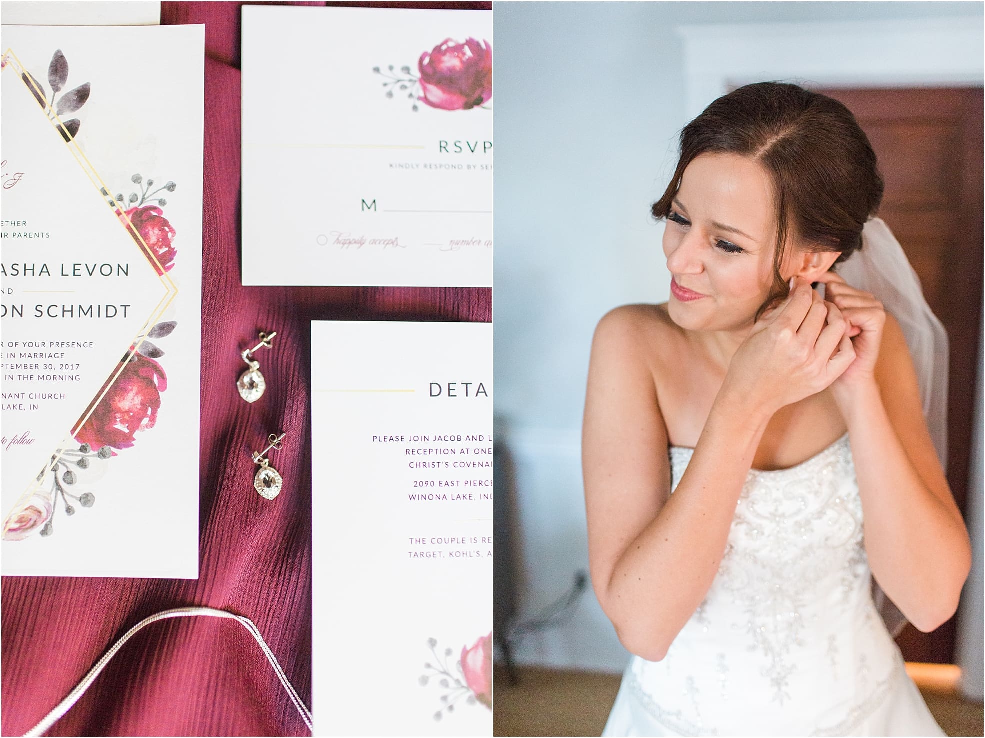 Arielle Peters Photography | Bride putting on wedding earrings on fall wedding day in Winona Lake, Indiana.