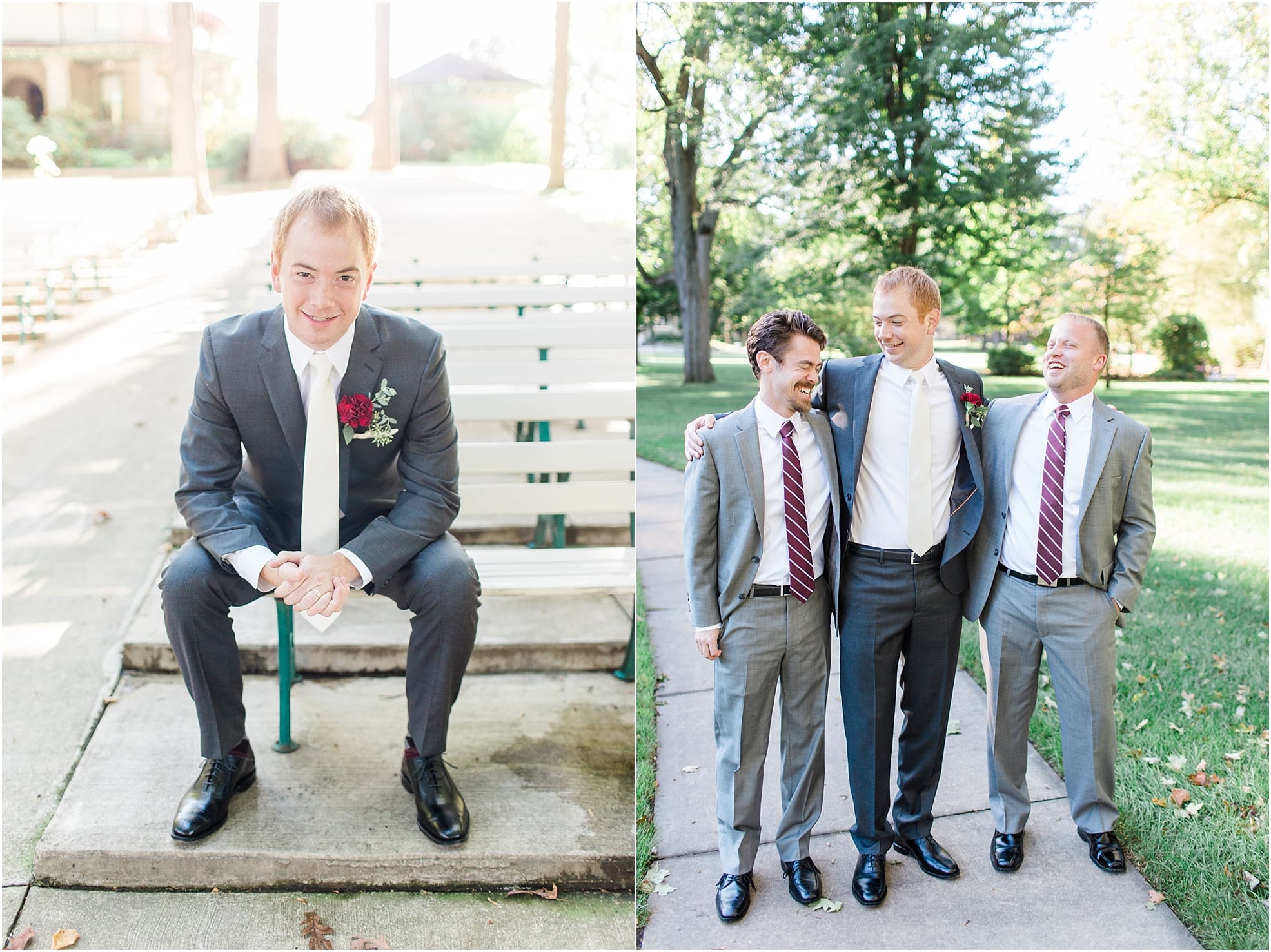 Arielle Peters Photography | Groom and groomsmen walking in park on fall wedding day in Winona Lake, Indiana.