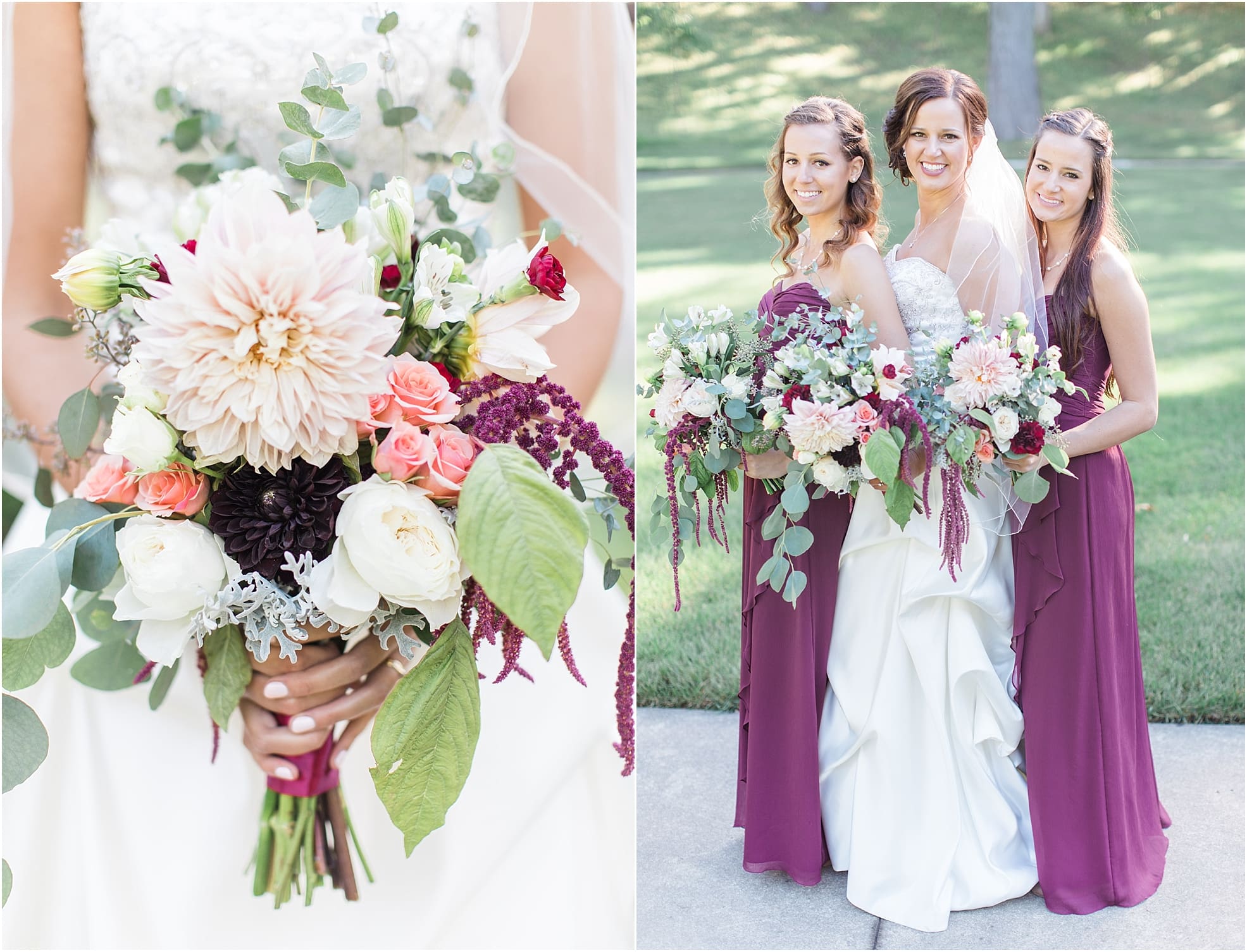 Arielle Peters Photography | Bride and bridesmaids holding bouquets in park on fall wedding day in Winona Lake, Indiana.