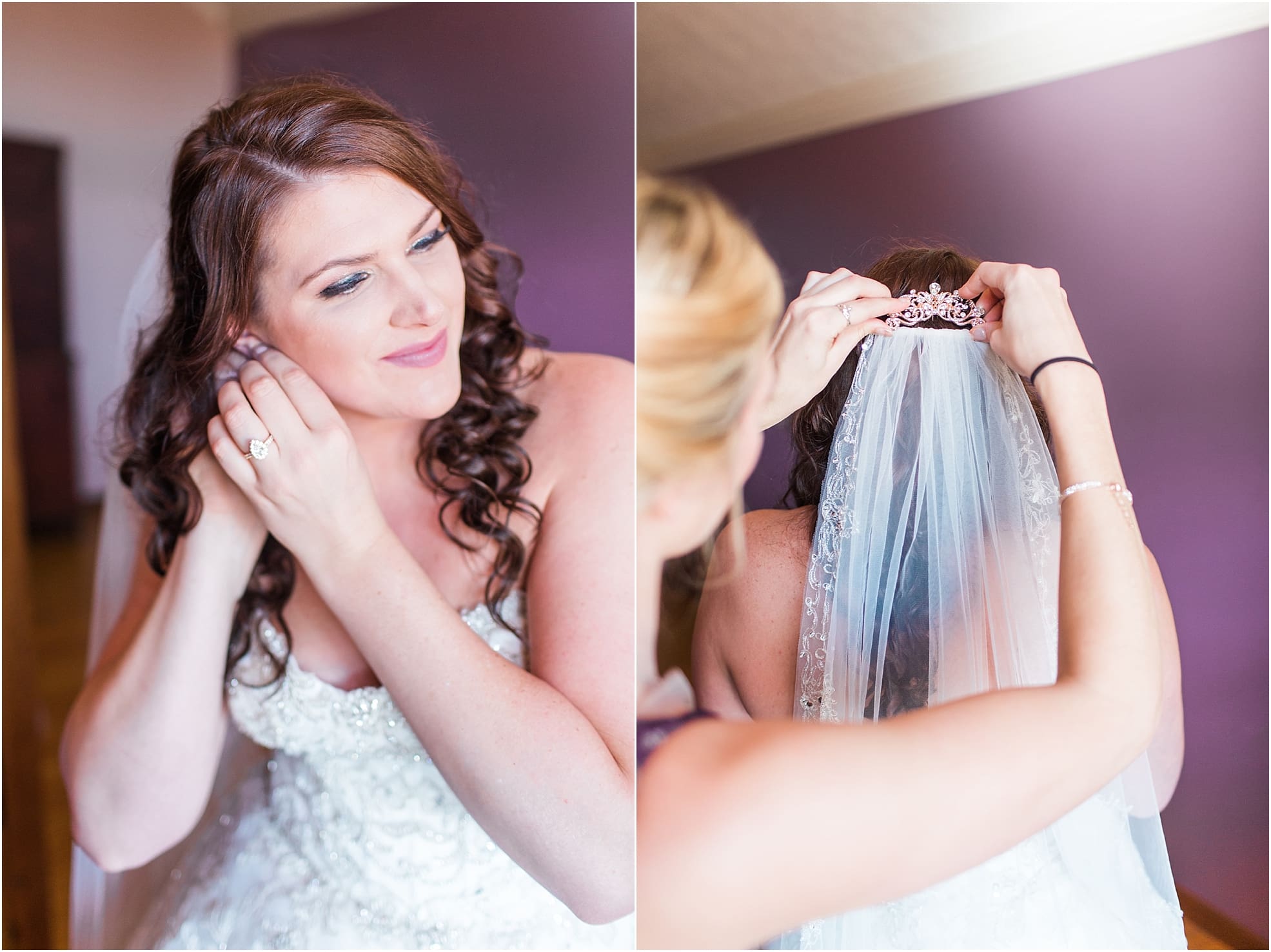 Arielle Peters Photography | Bride putting on wedding earrings on wedding day at the Ritz Charles Garden Pavilion in Carmel, Indiana. 