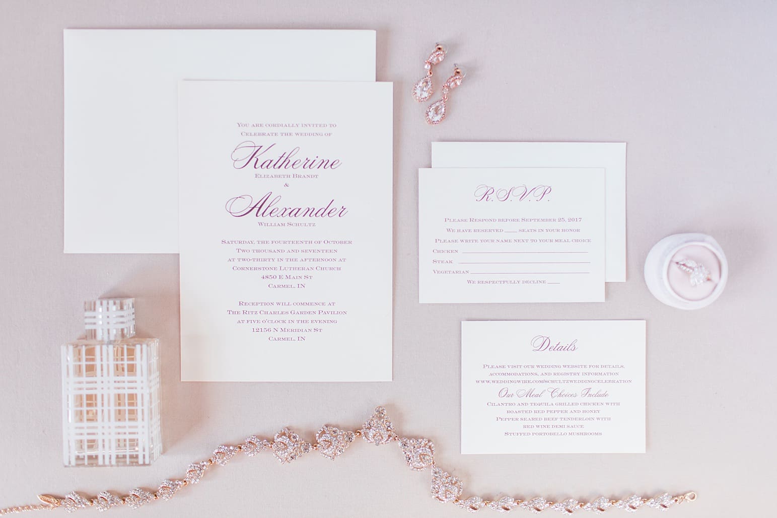 Arielle Peters Photography | Wedding invitations and perfume on wedding day at the Ritz Charles Garden Pavilion in Carmel, Indiana. 