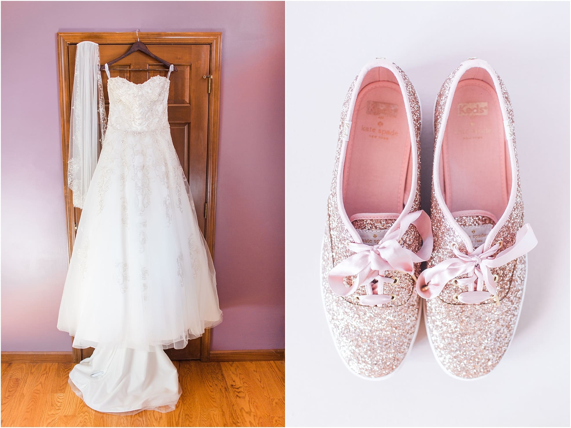 Arielle Peters Photography | Wedding dress hanging on wooden doorway on wedding day at the Ritz Charles Garden Pavilion in Carmel, Indiana. 