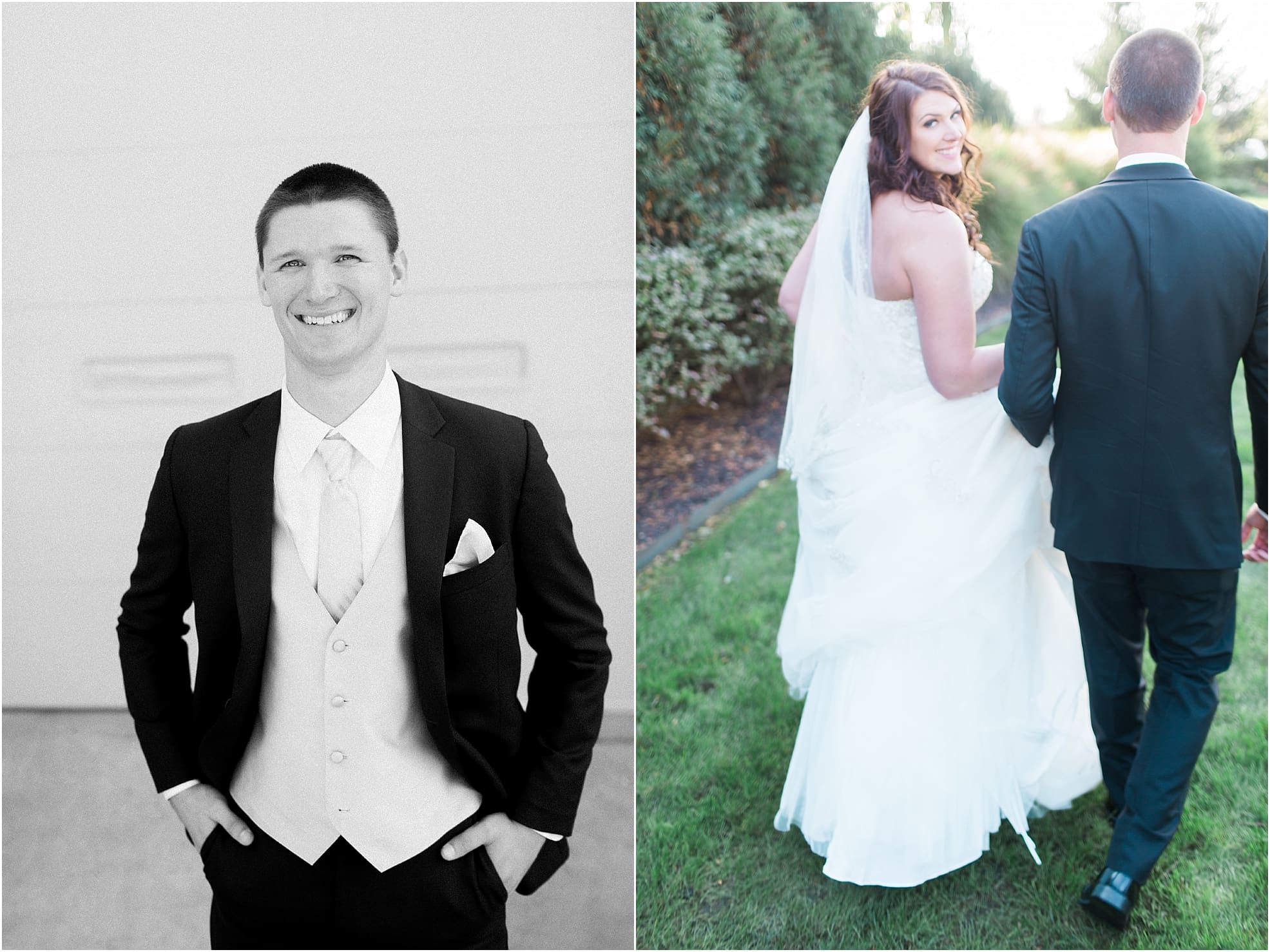 Arielle Peters Photography | Bride and groom walking outside on wedding day at the Ritz Charles Garden Pavilion in Carmel, Indiana. 