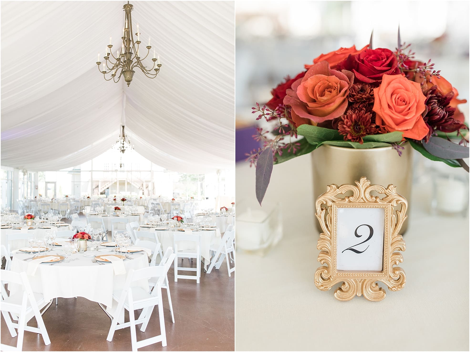 Arielle Peters Photography | Fall wedding table settings and floral arrangements on wedding day at the Ritz Charles Garden Pavilion in Carmel, Indiana. 