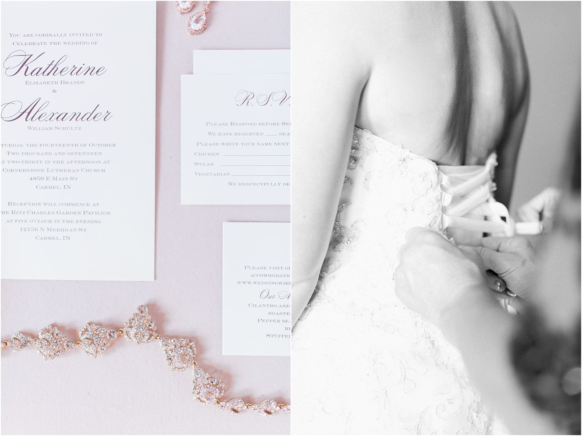 Arielle Peters Photography | Mother of bride helping bride put on wedding dress on wedding day at the Ritz Charles Garden Pavilion in Carmel, Indiana. 