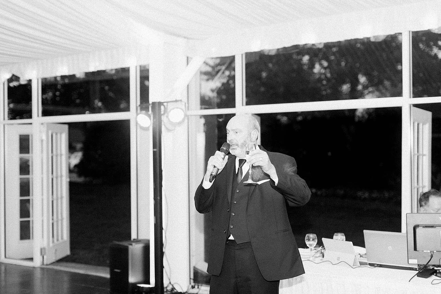 Arielle Peters Photography | Father of bride giving speech at wedding reception on wedding day at the Ritz Charles Garden Pavilion in Carmel, Indiana. 