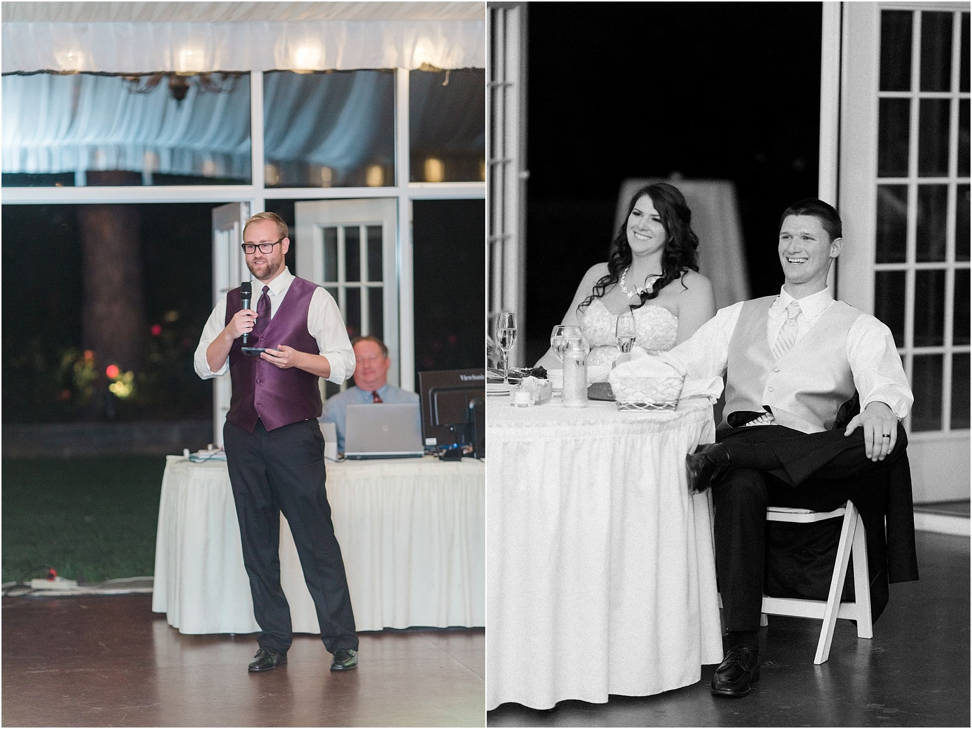 Arielle Peters Photography | Bride and groom laughing during speeches at wedding reception on wedding day at the Ritz Charles Garden Pavilion in Carmel, Indiana. 