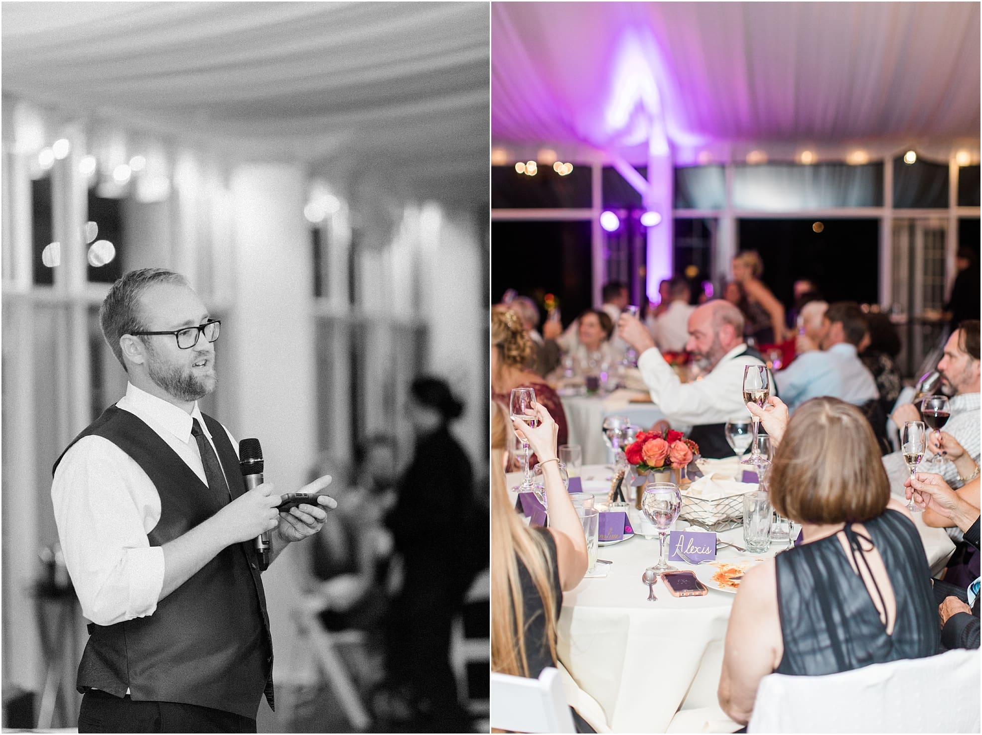Arielle Peters Photography | Wedding guests raising a glass at wedding reception on wedding day at the Ritz Charles Garden Pavilion in Carmel, Indiana. 