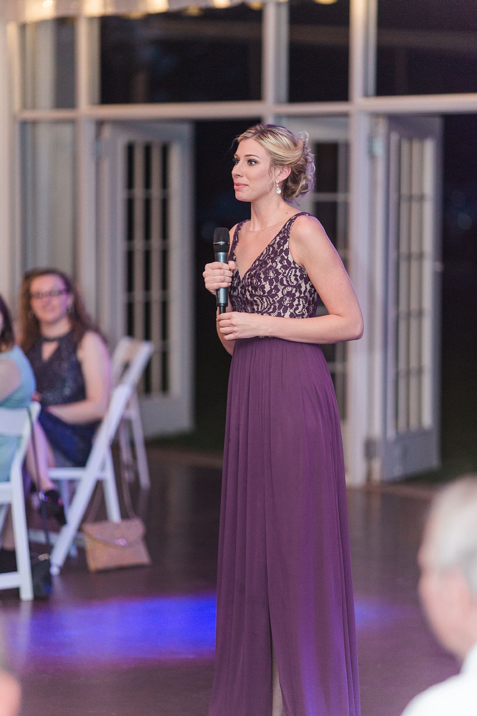Arielle Peters Photography | Maid of honor giving a speech at wedding reception on wedding day at the Ritz Charles Garden Pavilion in Carmel, Indiana. 