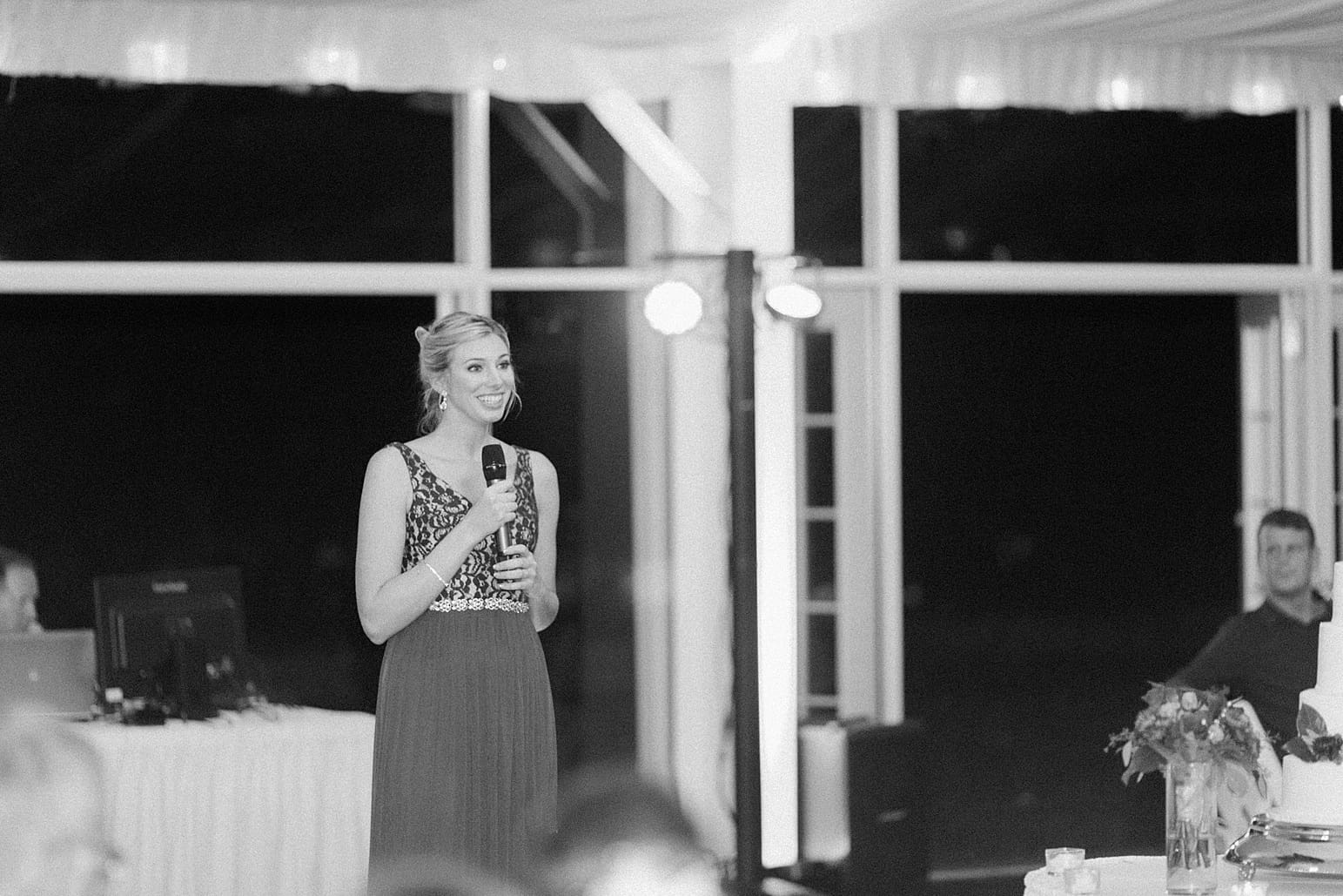 Arielle Peters Photography | Maid of honor giving a speech at wedding reception on wedding day at the Ritz Charles Garden Pavilion in Carmel, Indiana. 