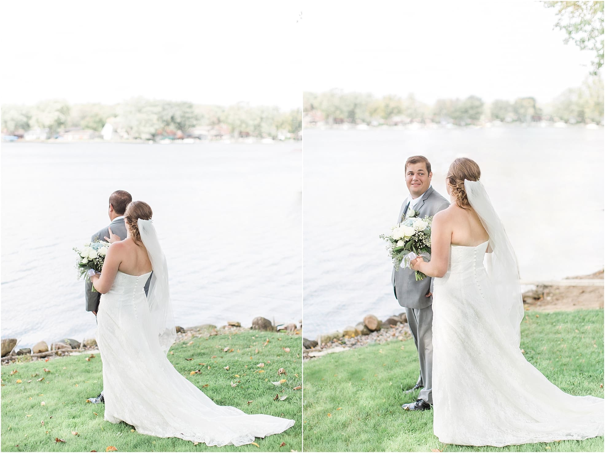 Arielle Peters Photography | Bride and groom having first reveal by lake on wedding day in Syracuse, Indiana.