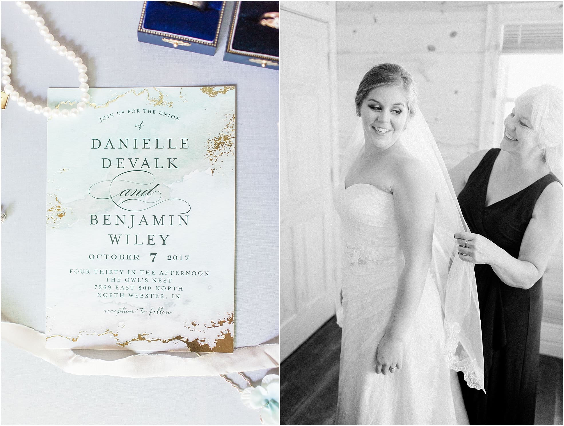 Arielle Peters Photography | Mother of bride helping bride get ready on wedding day in Syracuse, Indiana.