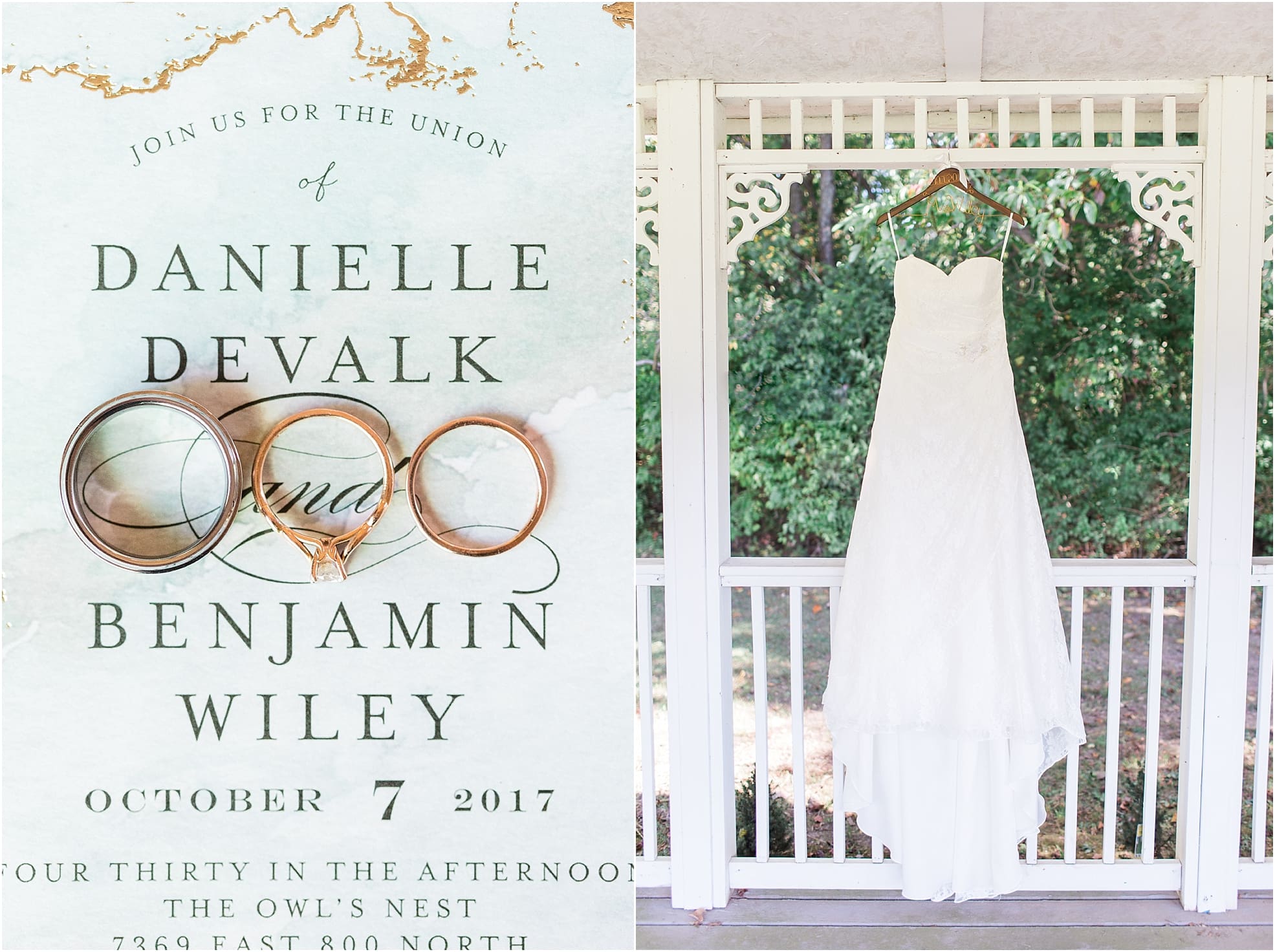 Arielle Peters Photography | Wedding dress hanging outside on porch on wedding day in Syracuse, Indiana.