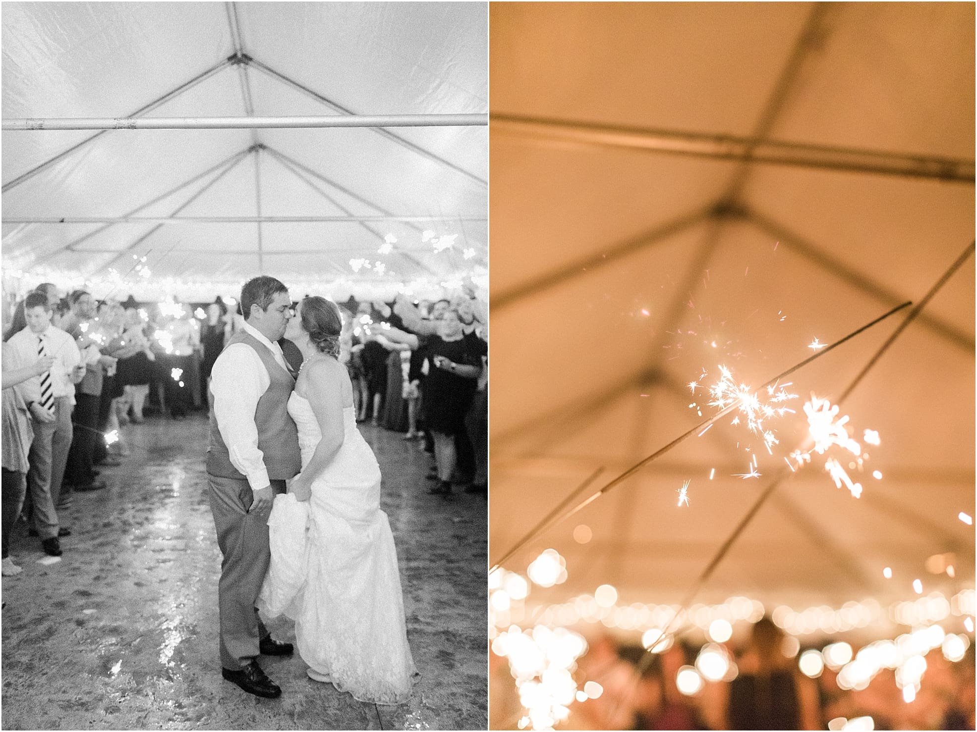 Arielle Peters Photography | Bride and groom kissing with sparkler send off on wedding day at Sleepy Owl Restaurant in Syracuse, Indiana.