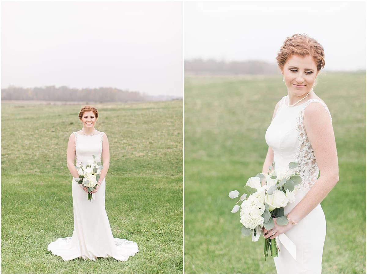 Arielle Peters Photography | Bride in open green field on gloomy wedding day in Huntington, Indiana.