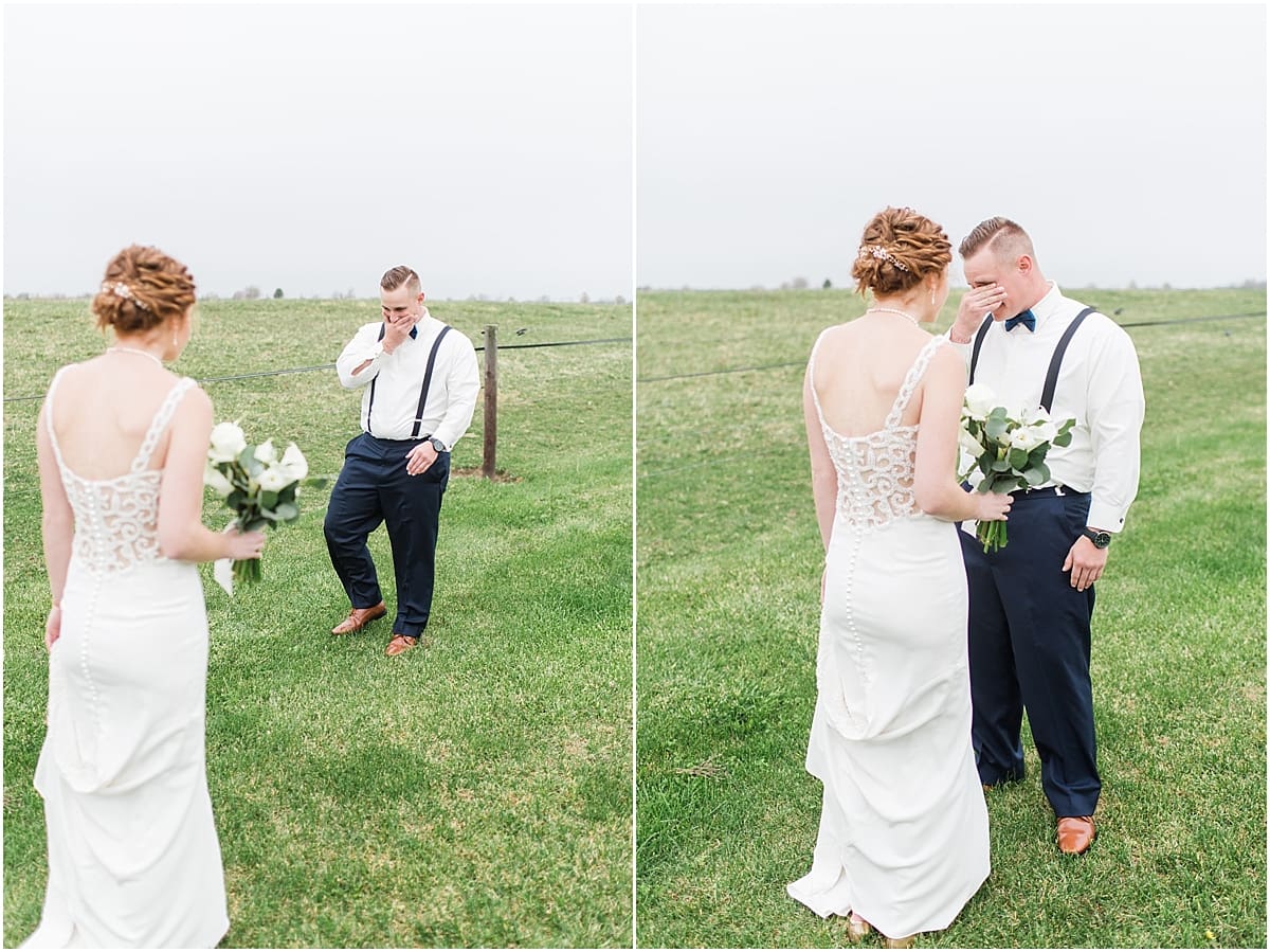 Arielle Peters Photography | Bride and groom having first reveal in open green field on gloomy wedding day in Huntington, Indiana.