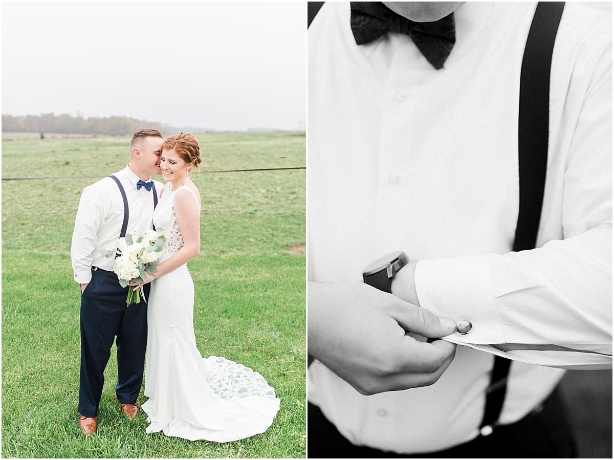 Arielle Peters Photography | Bride and groom laughing in open green field on gloomy wedding day in Huntington, Indiana.