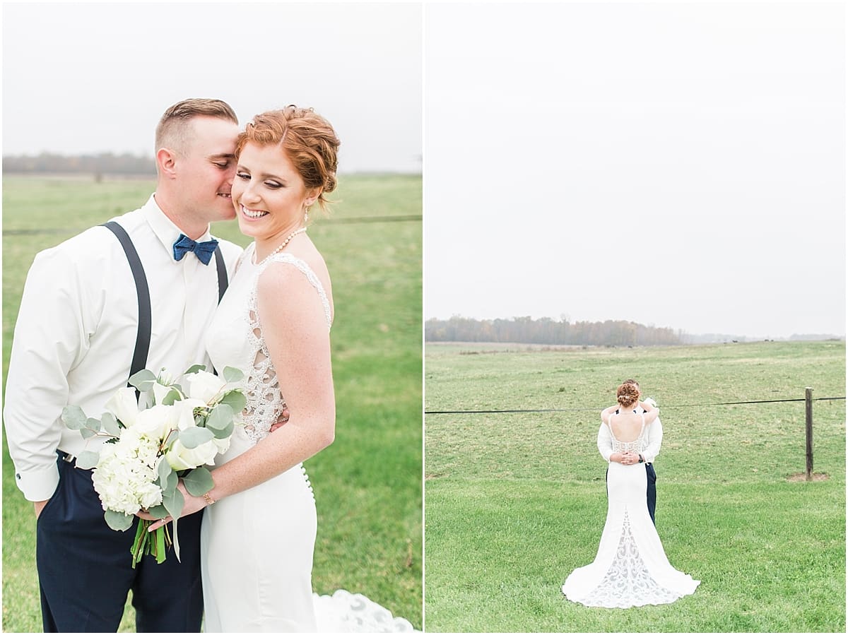 Arielle Peters Photography | Bride and groom hugging in open green field on gloomy wedding day in Huntington, Indiana.