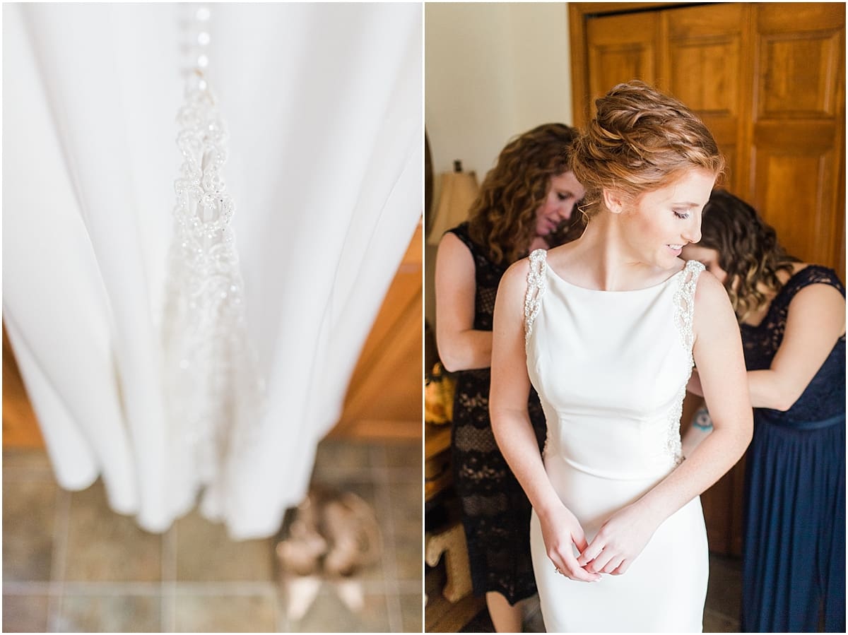 Arielle Peters Photography | Bridesmaids helping bride put on wedding dress on wedding day in Huntington, Indiana.