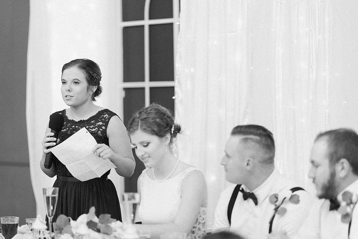 Arielle Peters Photography | Maid of honor giving a speech at wedding reception on wedding day in Huntington, Indiana.