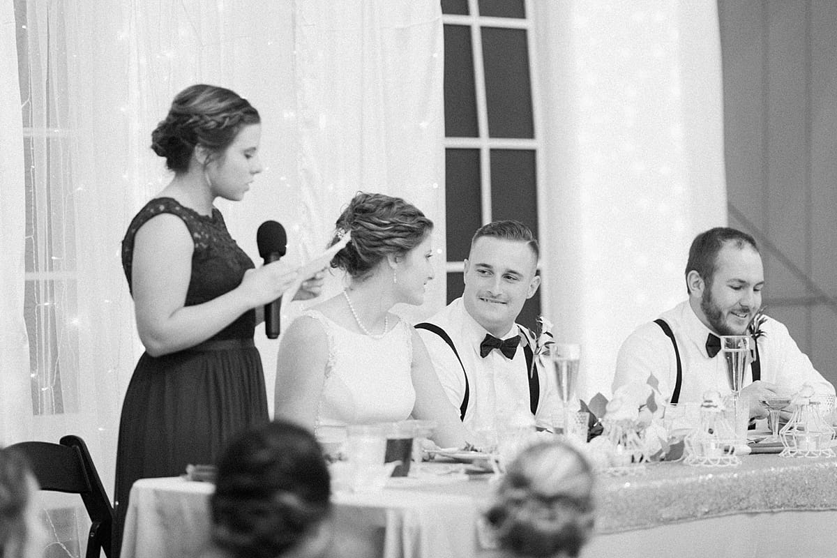 Arielle Peters Photography | Maid of honor giving a speech at wedding reception on wedding day in Huntington, Indiana.