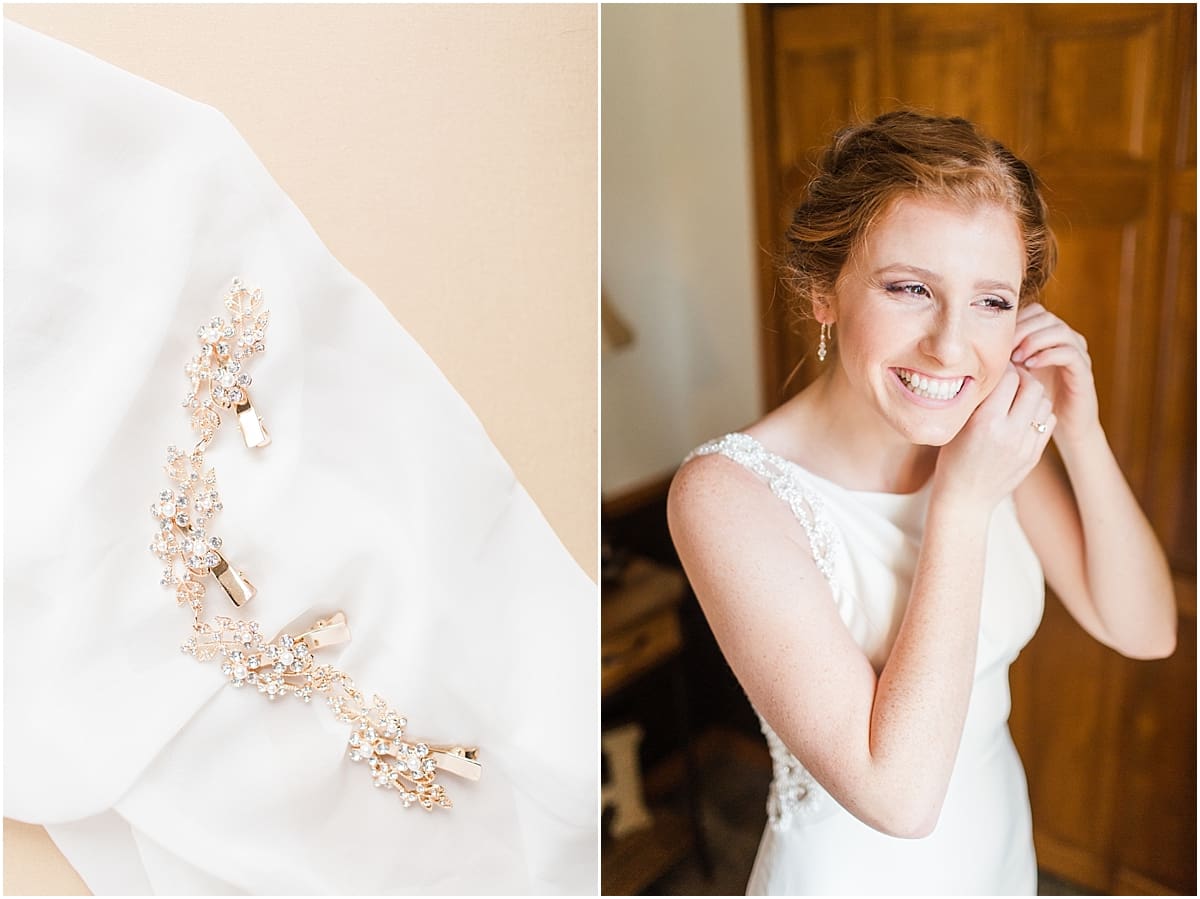 Arielle Peters Photography | Bride putting on wedding jewelry on wedding day in Huntington, Indiana.