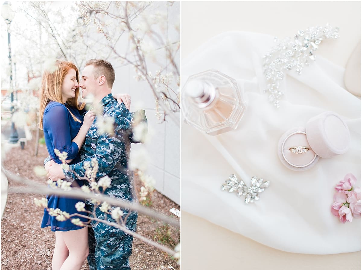 Arielle Peters Photography | Couple taking spring engagement photos next to blossom trees.