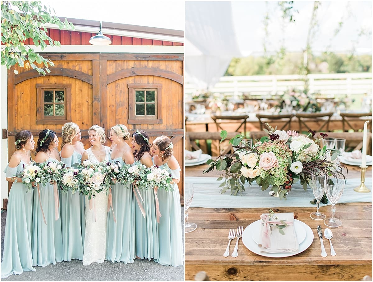 Arielle Peters Photography | Bride and bridesmaids next to wooden barn doors on summer rustic wedding day.