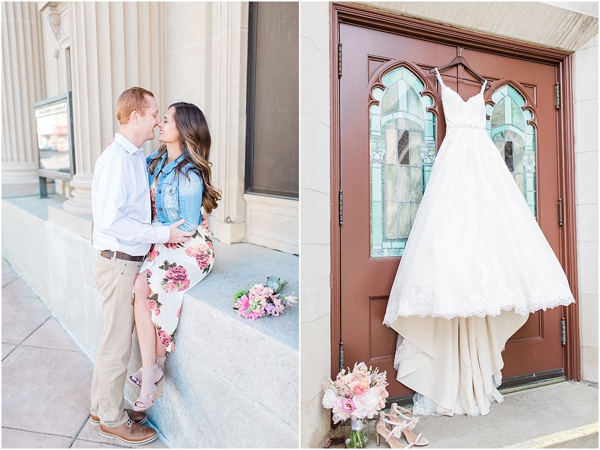 Arielle Peters Photography | Wedding gown handing on stain glass window french doors on wedding day.