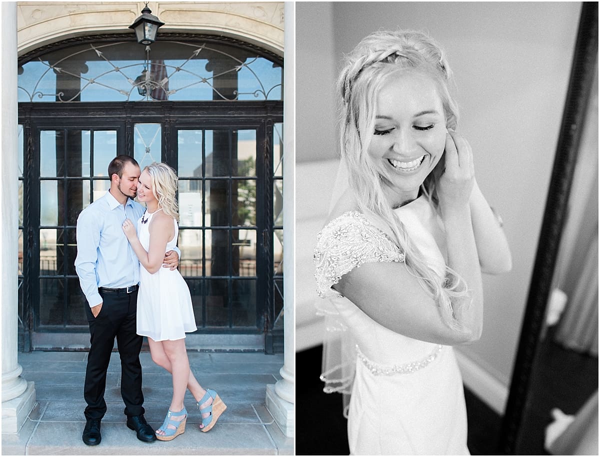Arielle Peters Photography | Young couple hugging next to old steel doors for summer engagement photos.