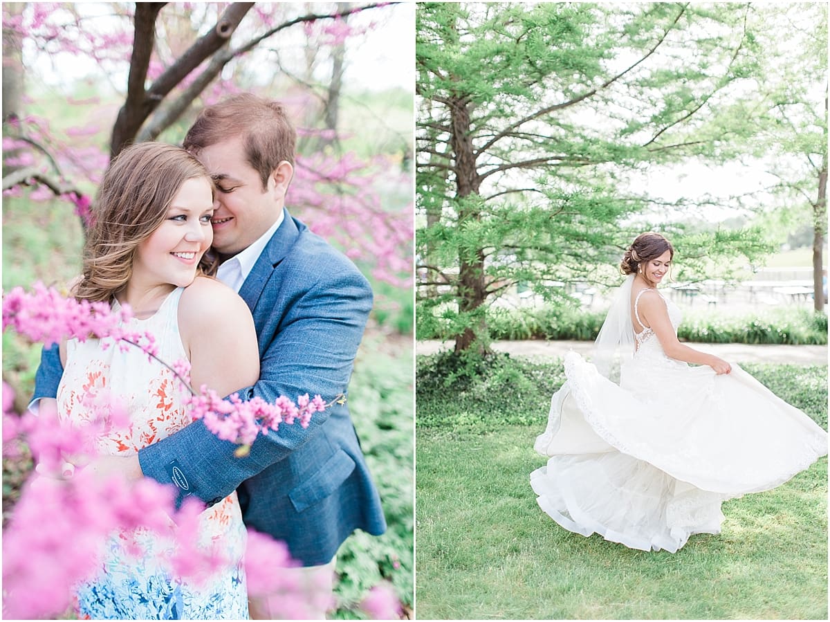 Arielle Peters Photography | Bride and groom hugging under bright blossom trees during spring engagement photos.
