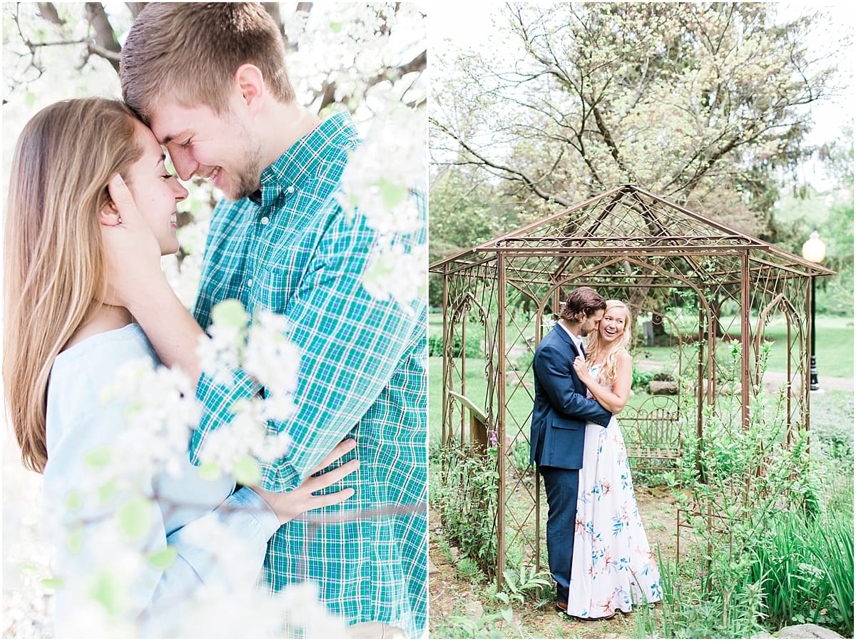 Arielle Peters Photography | Young couple almost kissing in over-grown garden trellis taking summer engagement photos.