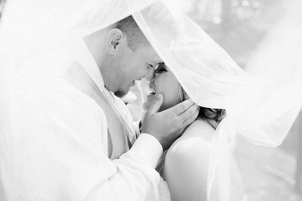 Arielle Peters Photography | Bride and groom almost kissing under veil on wedding day.