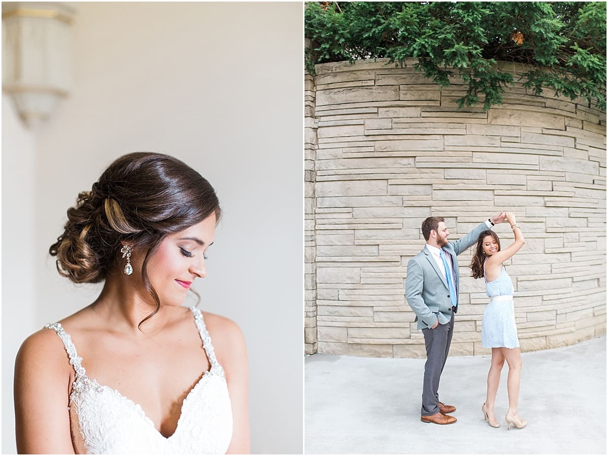 Arielle Peters Photography | Young couple dancing in front of large limestone wall taking summer engagement photos.