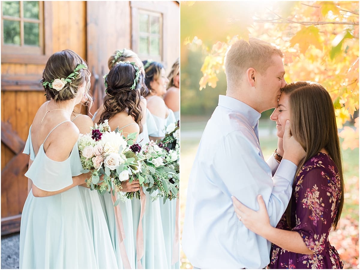 Arielle Peters Photography | Young couple kissing under bright orange tree taking fall engagement photos.
