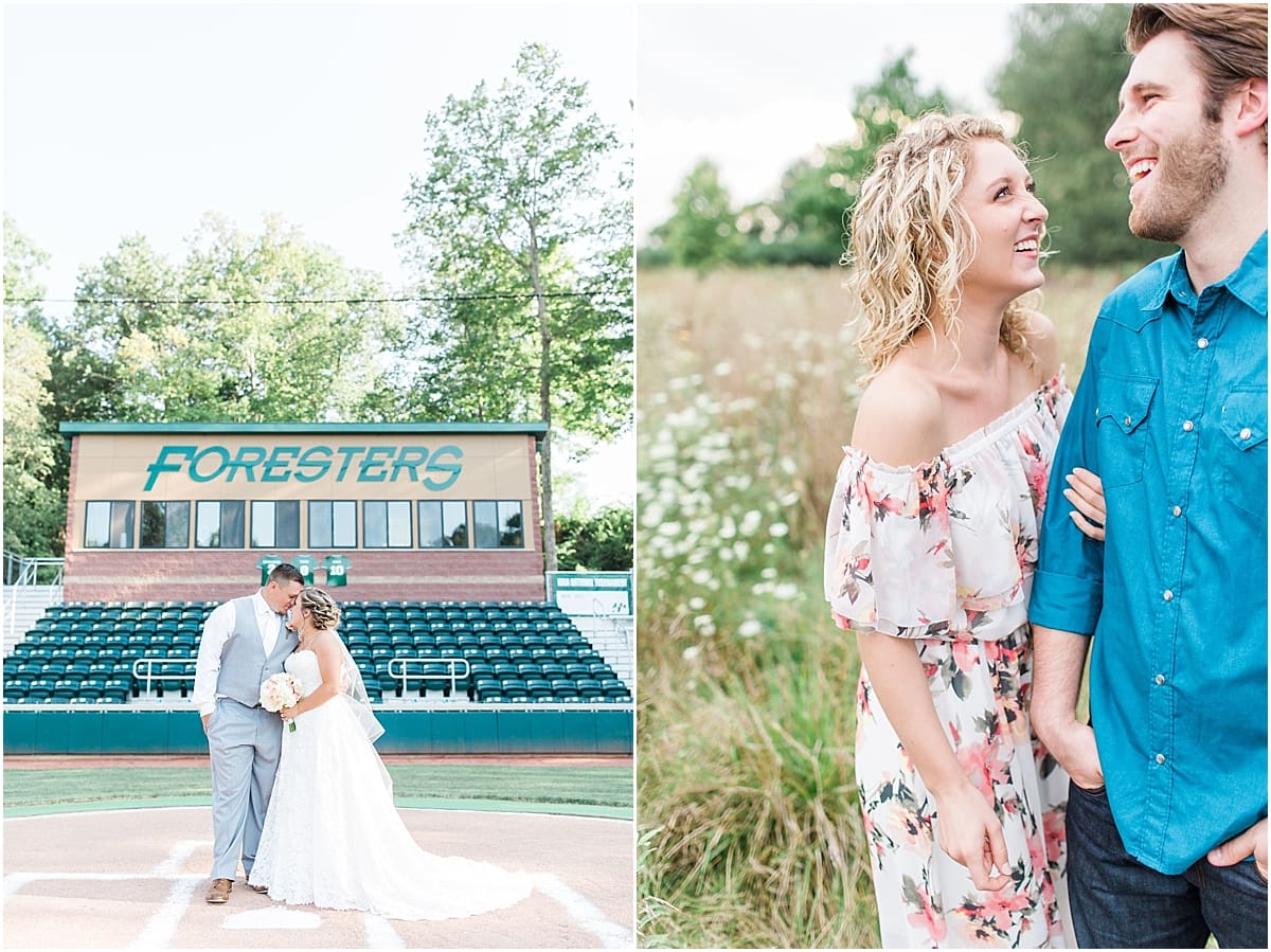 Arielle Peters Photography | Bride and groom walking on baseball field on wedding day.